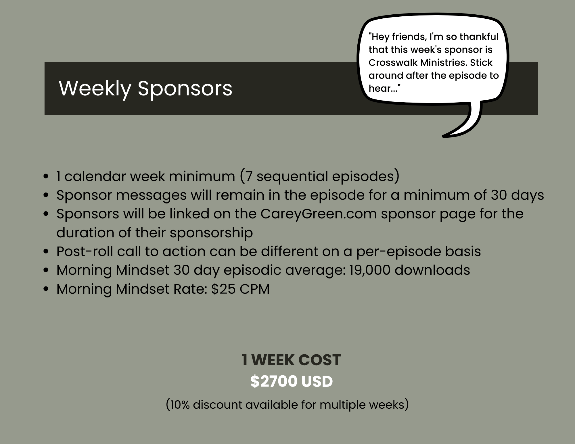 Weekly sponsorship rates - the Morning Mindset Daily Christian Devotional podcast
